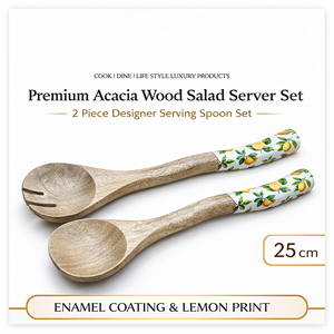 Premium Acacia Wood Salad Server <b>Set</b> – <b>2</b> <b>Piece</b> Designer Serving Spoon <b>Set</b> with <b>White</b> Enamel Coating & Lemon Print - Product Image 2