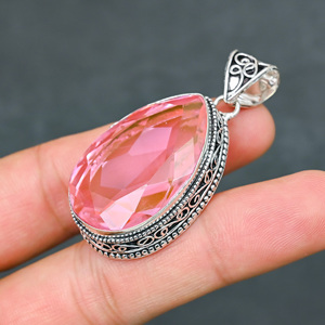 Magnifique pendentif en kunzite rose, pierre précieuse créée en laboratoire, forme poire 20x30mm, en argent sterling 925, fait main, style bohème, très demandé - Product Image 1