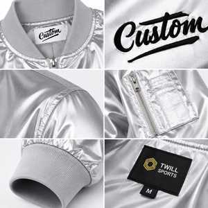 Custom <b>Men's</b> Silver Satin Bomber <b>Jacket</b> Stand Collar Embroidered Front Logo <b>Pullover</b> Closure Casual Winter Streetwear - Product Image 5