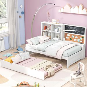 Cama nido individual con estantes de almacenamiento, pizarra y tablero de corcho, puertos USB, blanca, con cama nido extraíble para niños - Product Image 2