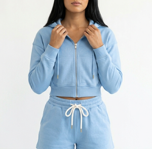 Conjunto de Sudadera con Capucha y Cremallera y Pantalones Cortos, Manga Larga, Color Sólido, Informal, de Punto, de Algodón, 2 Piezas, para Primavera/Verano - Product Image 2