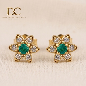 Unique Designer 14KT Solid Yellow Gold Lab Grown Diamond and Colombian Emerald <b>Stud</b> <b>Earring</b> IGI Certified Women Custom Jewelry - Product Image 4