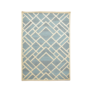 Tapis en laine tufté à la main à motifs géométriques modernes, style contemporain abstrait à lignes et blocs bleus et crème - Product Image 1