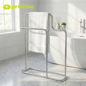 Porte-serviettes autoportant en chrome à 2 barres avec étagère de rangement, support de serviettes de bain mobile pour salle de bain, design minimaliste - Product Image 3