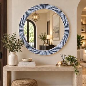 Espejo Redondo con Incrustaciones de Hueso Azul y Blanco, Decoración Boho Costera Hecha a Mano - Product Image 4