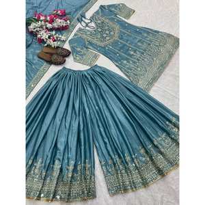 Conjunto de ropa de fiesta de diseñador para mujer con top Plazzo bordado y aspecto elegante Dupatta - Product Image 2