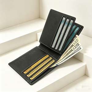 [Best <b>Deal</b>] Castello Men's Bi-fold RFID Short Genuine Leather Black/Dark Brown Soft Closure Open Polyester Lining Embossed - Product Image 1