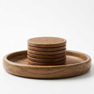 Juego de Posavasos y Bandeja Redondos de Madera de Mango Biodegradable Hechos a Mano, Decoración Geométrica Grabada para Mesa de Fiesta, Plato para Bebidas - Product Image 1