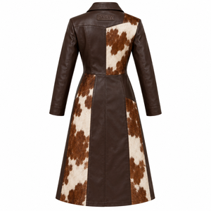 Abrigo Largo de Cuero Marrón con Parches de Piel de Vaca para Mujer, Chaqueta con Botones, Proveedor Personalizado OEM ODM - Product Image 2