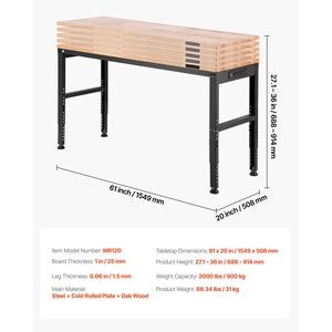 Banco de Trabajo Ajustable de Alta Resistencia con Capacidad para 2000 Libras, 61 x 20 Pulgadas, Altura Ajustable de 27.1 a 36 Pulgadas, Muebles de Oficina - Product Image 6