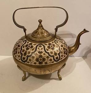 Oriental Metal Tea Kettle With <b>Lid</b> Decorative Floral Pattern Metal Handle Three Legs - Product Image 1