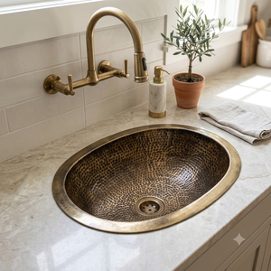 Lavabo Ovalado Antiguo de Latón Martillado, Lavabo de Baño Vintage, Lavabo de Encimera Hecho a Mano, Lavabo de Bronce, Sanitario para Hotel - Product Image 3