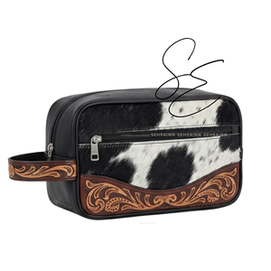 Tooled Leather Dopp Kit Cosmetic <b>Case</b> Medium Size Zipper Closure Portable <b>Makeup</b> Bag Soft Handle Modern Style Toiletry Pouch - Product Image 1