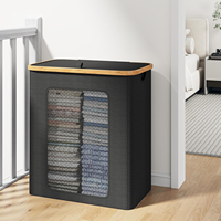 Panier à linge de grande capacité 160L avec couvercle, panier à linge à 3 compartiments, fenêtre de ventilation, sac intérieur amovible, cadre en bambou pliable