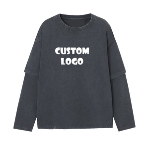 T-shirt Streetwear Personnalisé Vintage Délavé Double Couche Manches Longues Coton Lourd 100% Homme Coupe Oversize Anti-Plis - Product Image 4