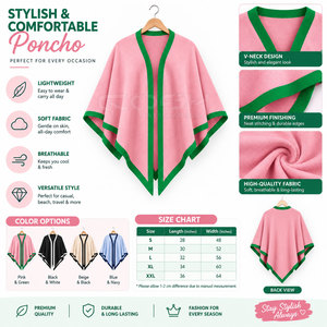 Suéter Casual de Invierno Cosh International Sorority Sisterhood, Poncho de Punto con Ribete Rosa y Verde, Cuello en V y Mangas Murciélago - Product Image 6