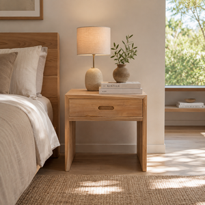 Table de chevet en teck moderne pour l'hôtellerie, avec un seul tiroir, meuble d'appoint pour chambre à coucher et chambre d'hôtes, EU AUS - Product Image 1