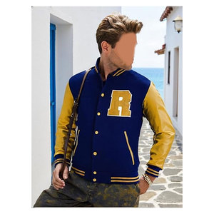 Veste universitaire unisexe bleu et jaune, style baseball, avec patch brodé R, style universitaire classique, en toile, col montant - Product Image 4