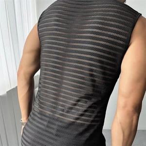 Men's Black <b>Mesh</b> Tank <b>Top</b> O-Neck Striped Hollow Out Breathable Knitted Street Style Spandex Polyester - Product Image 6