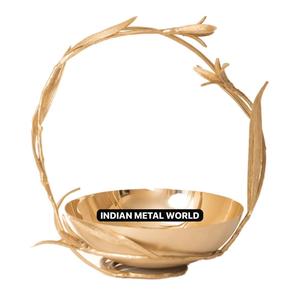 Gold Plated Metal Chocolate Bowl Handcrafted <b>Decorative</b> Serving Basket With <b>Twig</b> Handle For Wedding Centerpiece & Holiday Party - Product Image 1