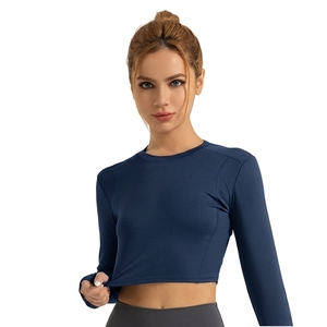 Haut de yoga à manches longues et col montant, séchage rapide, respirant, antibactérien, grande taille, coupe ajustée, en Spandex/Nylon, couleur unie - Product Image 3