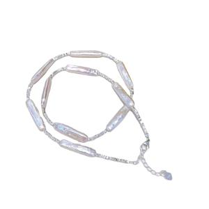 Collar de Barra Larga de Plata de Ley S925 con Diseño Geométrico Barroco de Agua Dulce, Joyería de Barra Larga Heterosexual, Perla Elegante Rota - Product Image 5