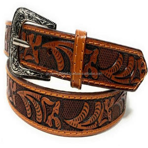 Fabriqué en Inde Ceinture d'outillage en cuir occidental en relief à la main sculptée à la main pour boucle florale en laiton antique solide unisexe - Product Image 4