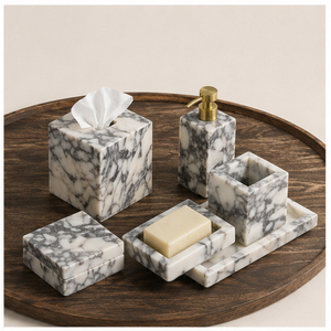 Ensemble d'accessoires de salle de bain en marbre de haute qualité, 5 pièces, organisateur de vanité en pierre naturelle artisanale pour la décoration de la maison et de l'hôtel - Product Image 5