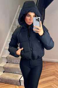 Women's Black Quilted Hooded Jacket Full Sleeve Zipper Closure Solid Color <b>Winter</b> Wear <b>Thick</b> Polyester Padded <b>Coat</b> - Product Image 4