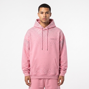 Custom Rhinestone Decorated Men's Cotton Pullover <b>Hoodie</b> Oversized <b>Pink</b> Streetwear Fashion Sweatshirt - Product Image 1
