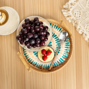 Classy Round Rattan Mother Of Pearl Tray With Handles Blue Sunburst Pattern Plate For Serving Tea Outside Wholesale - Product Image 1