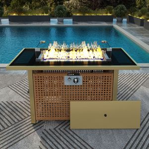 Tavolo con Braciere a Gas Propano K K 43 Pollici, 60000 BTU, Rettangolare, in Vimini Intrecciato con Protezione Vento in Vetro per Bracieri da Patio - Product Image 2