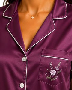 Conjunto de Pijama de Satén Morado Ciruela Personalizado por el Fabricante, Ropa de Dormir de Seda para Mujer, con Bolsillo Bordado, Manga Corta, Conjunto de Ropa de Dormir Suave - Product Image 5