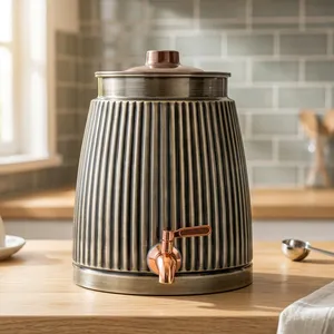 Antique Metal Water <b>Dispenser</b> with Copper Tap and Lid | Ribbed Decorative Beverage <b>Dispenser</b> for Home Kitchen Dining - Product Image 3