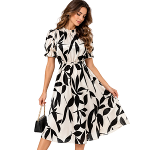 Robe midi noire à imprimé feuilles pour femme, col montant, manches bouffantes, taille élastique, coupe trapèze, printemps/été, décontractée, vente en gros de robes pour femmes - Product Image 1