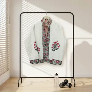 Chaqueta de Lino Blanco con Estampado Artesanal Indio, Cuello Alto, para Mujer, Cárdigan Floral, Blusa de Manga Larga para Primavera - Product Image 2