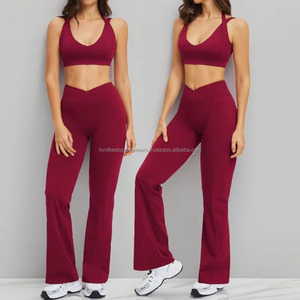 FONILBEST Women's 2 Piece Yoga <b>Set</b> Deep V Neck Racerback High Waist Full Length Solid <b>Colour</b> Activewear - Product Image 3