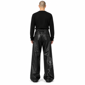 Pantalon homme 100% cuir de veau léger, taille mi-haute, coupe large, devant plat, toutes saisons, blanc, motif géométrique, de créateur - Product Image 2