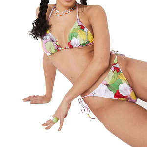 Hot Women's Pink Plaid & <b>Letter</b> Print Halter Neck Two Piece Bikini Set with Eco-Friendly Stretch Fabric - Product Image 5