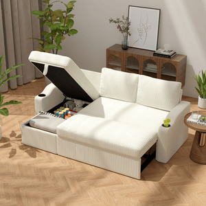 Divano Letto Angolare Moderno Convertibile in Velluto a Coste con Contenitore, Portabicchieri e Braccioli per Soggiorno - Product Image 3