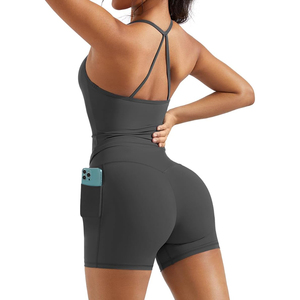 Body de yoga blanco sin costuras con tiras cruzadas y bolsillos, pantalones cortos de cintura alta, ropa deportiva de una pieza - Product Image 2