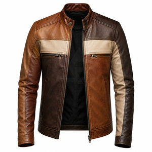 Chaqueta de Cuero Informal Marrón con Paneles, Estilo Urbano, para Otoño e Invierno, Abrigo de Moda Premium para Hombre, Elegante y Cálido - Product Image 1