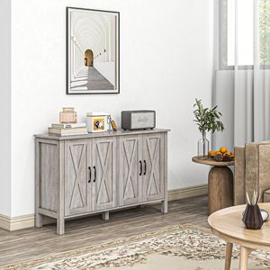 Gray <b>Kitchen</b> Buffet Cabinet with 4 Barn Doors and 2 Adjustable <b>Shelves</b> Sideboard <b>for</b> Villa Living Room Hallway Rattan Handle - Product Image 2