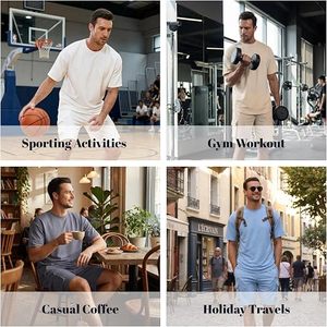Conjunto Deportivo Casual Verde Menta para Hombre, Camiseta de Manga Corta, Pantalones Cortos Cargo, Transpirable, Color Sólido, Cuello Redondo, Corte Holgado, Ropa de Verano - Product Image 3