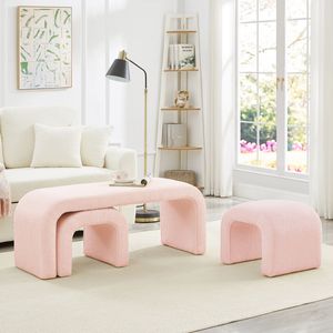 Modern Set of 3 U-Shaped Teddy Ottoman Bench Small Extra Seating for Entryway Bedroom or Sofa <b>Footrest</b> - Product Image 1