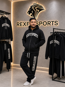 Men Tracksuit Screen Printing <b>Zip</b> <b>Up</b> <b>Hoodie</b> Jogger Set Heavyweight Fleece <b>Black</b> Streetwear Sweatsuit Private Label Manufacturer - Product Image 3