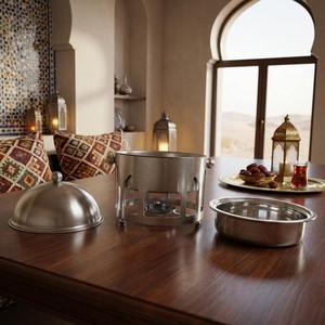Luxury Arabic Round Chafing Dish Hanging <b>Soup</b> Pot Tall Rod Metal Frame Wooden Base Ramadan Buffet Server Single Unit - Product Image 6