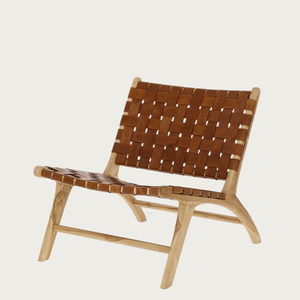 Fauteuil lounge moderne en teck écologique avec design tressé en cuir véritable pour salon, extérieur et hôtel - Product Image 3