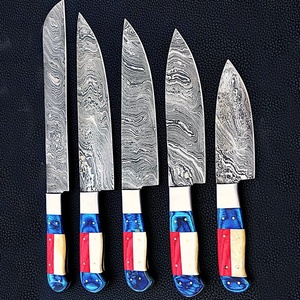 Viking Art Custom Handmade 5-Piece Chef <b>Set</b> Damascus Steel Resin Handles Leather Sheath <b>Sharp</b> <b>Knives</b> Ambidextrous - Product Image 3