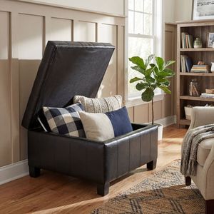 Pouf Contenitore Quadrato Nero in PU Trapuntato da 30,25 Pollici con Gambe in Legno di Gomma e Coperchio Sollevabile per Soggiorno e Camera da Letto - Product Image 2